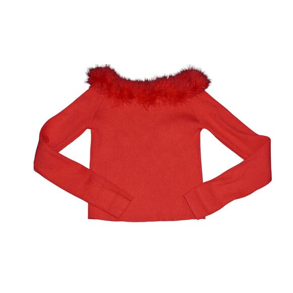 Paprika Red Feather Trim Off-Shoulder Sweater Top – Size L (Y2K Bardot) - Picture 10 of 11